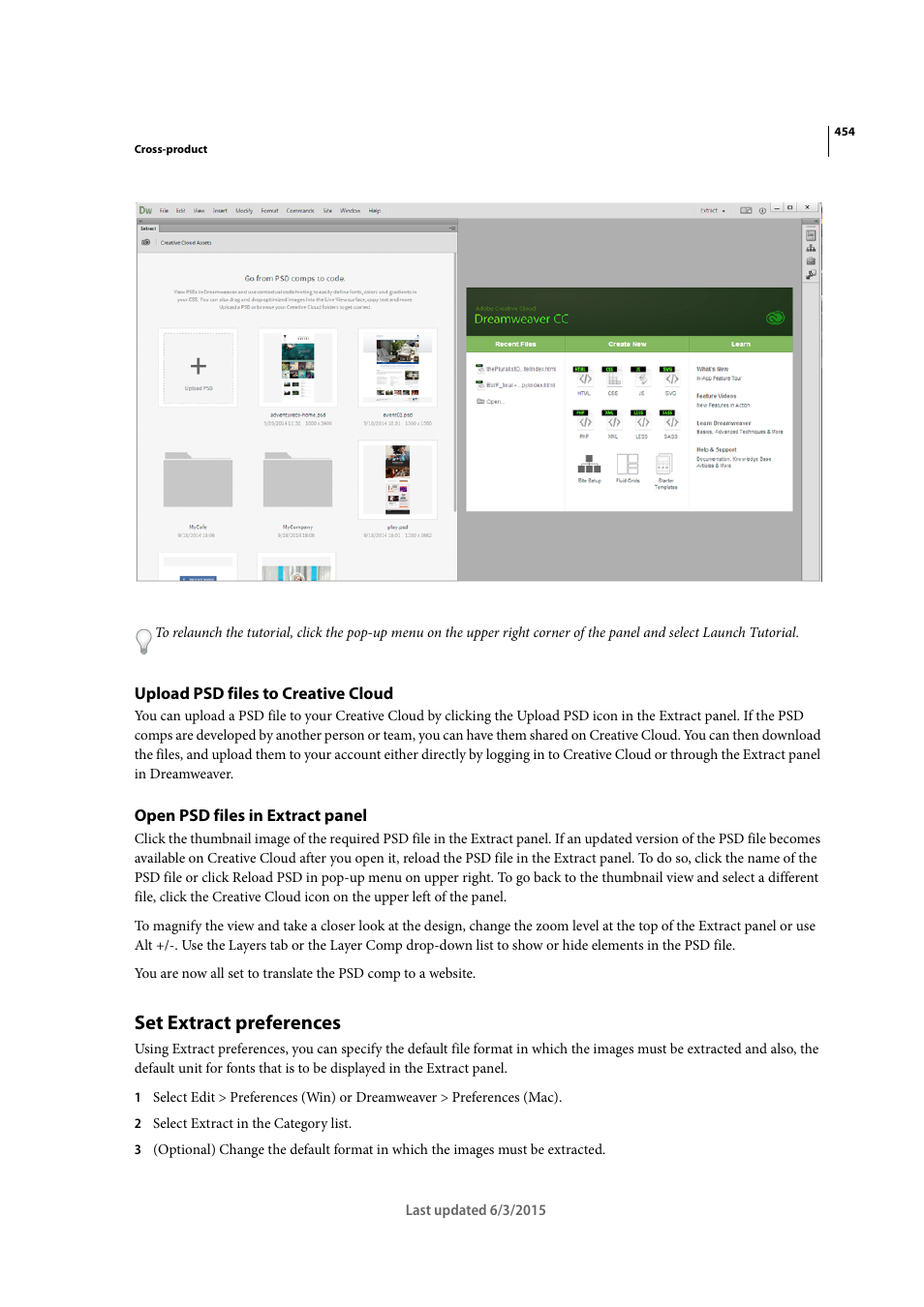 Upload psd files to creative cloud, Open psd files in extract panel, Set extract preferences | Adobe Dreamweaver CC 2015 User Manual | Page 461 / 700