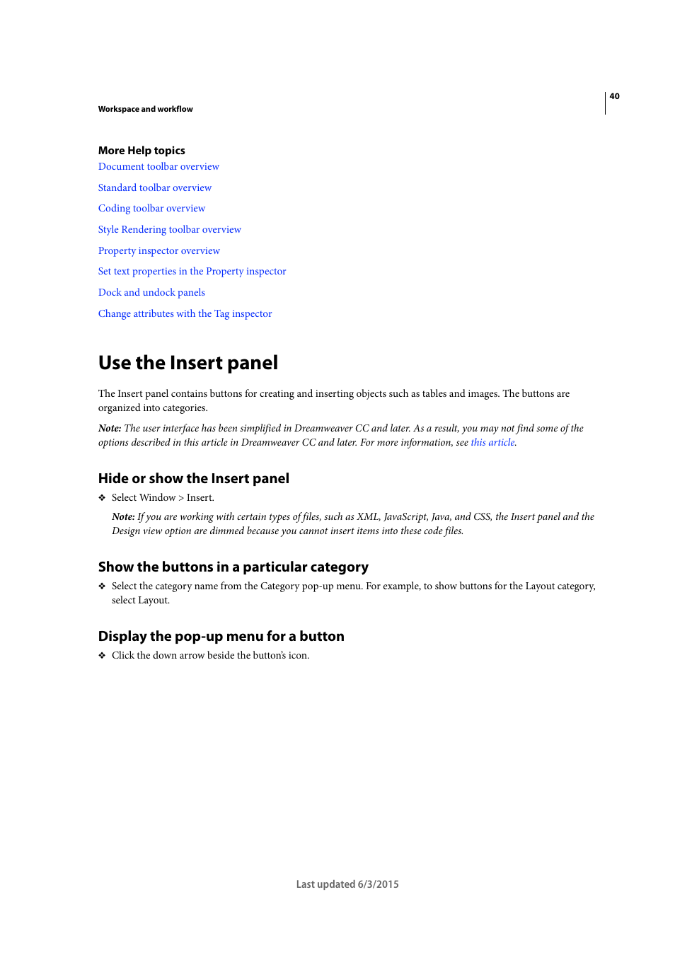 Use the insert panel, Hide or show the insert panel, Show the buttons in a particular category | Display the pop-up menu for a button | Adobe Dreamweaver CC 2015 User Manual | Page 47 / 700