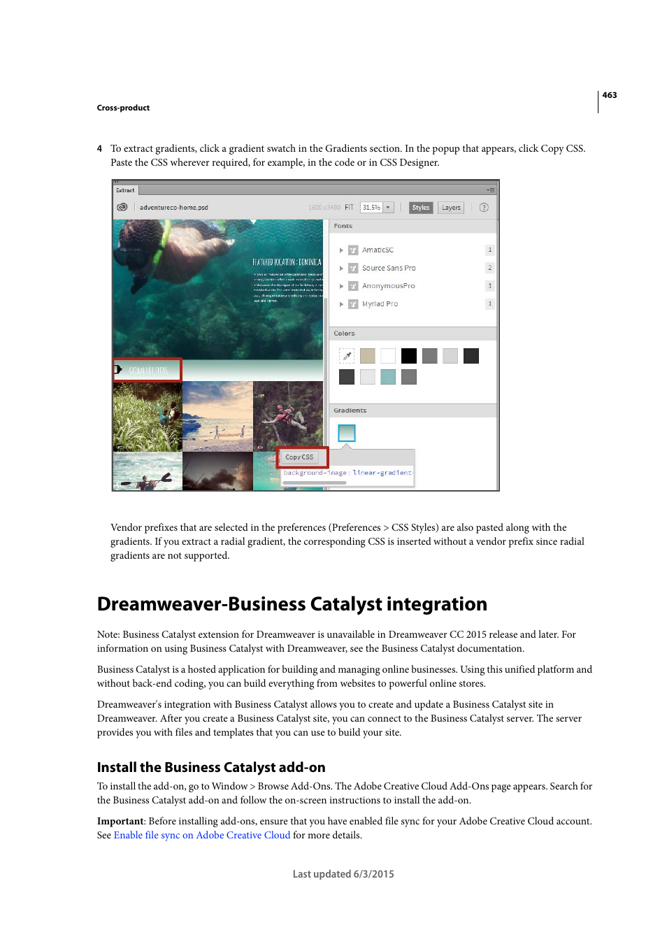 Dreamweaver-business catalyst integration, Install the business catalyst add-on | Adobe Dreamweaver CC 2015 User Manual | Page 470 / 700