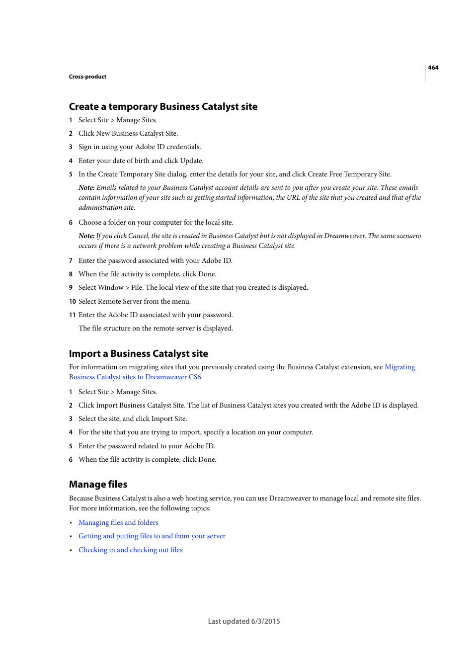 Create a temporary business catalyst site, Import a business catalyst site, Manage files | Adobe Dreamweaver CC 2015 User Manual | Page 471 / 700