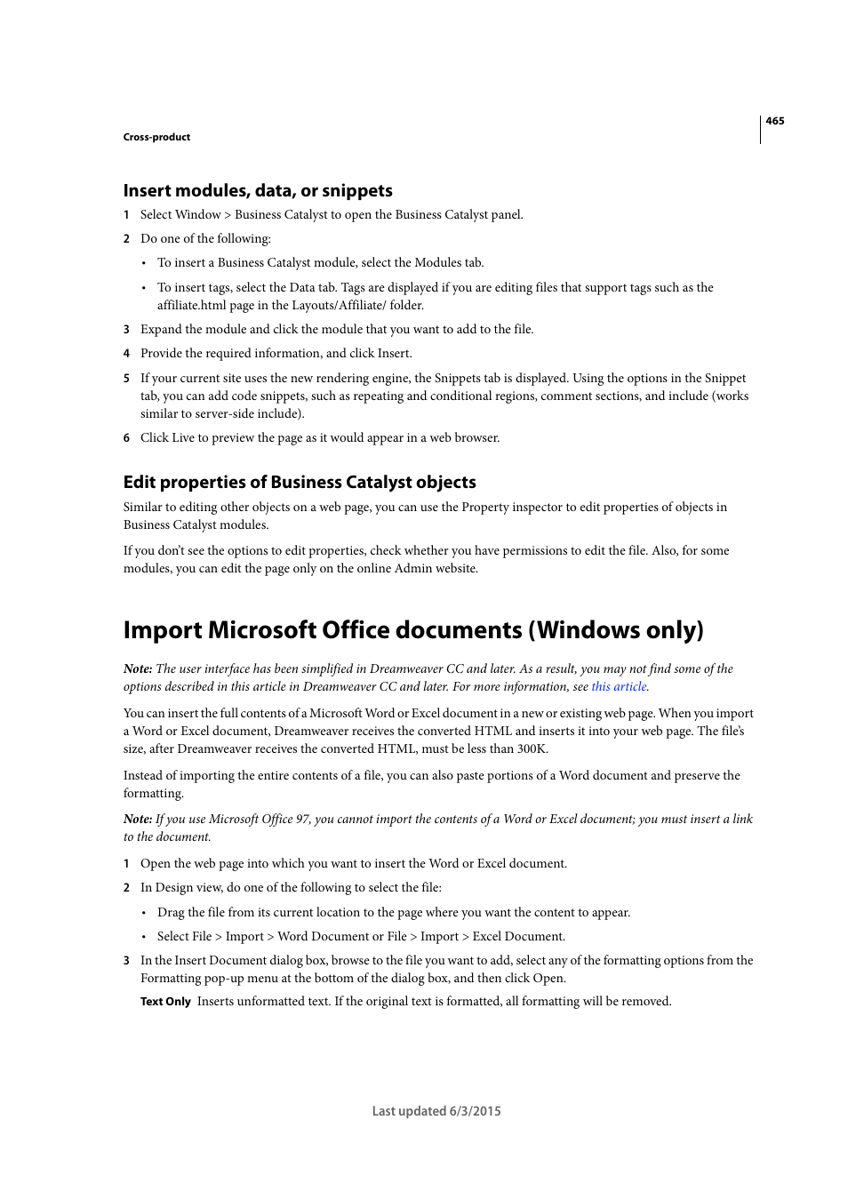 Insert modules, data, or snippets, Edit properties of business catalyst objects, Import microsoft office documents (windows only) | Adobe Dreamweaver CC 2015 User Manual | Page 472 / 700