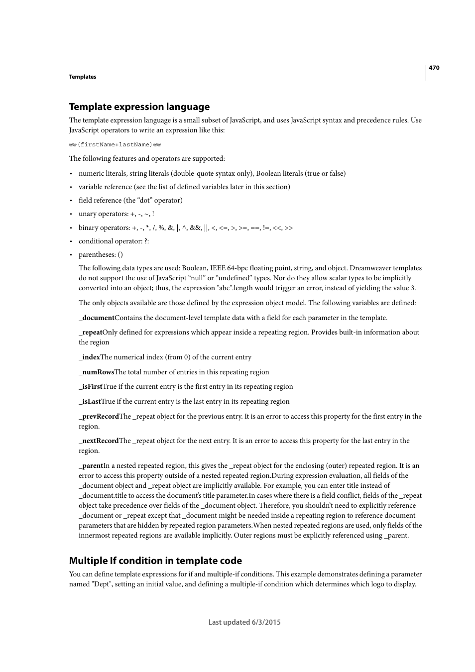 Template expression language, Multiple if condition in template code | Adobe Dreamweaver CC 2015 User Manual | Page 477 / 700