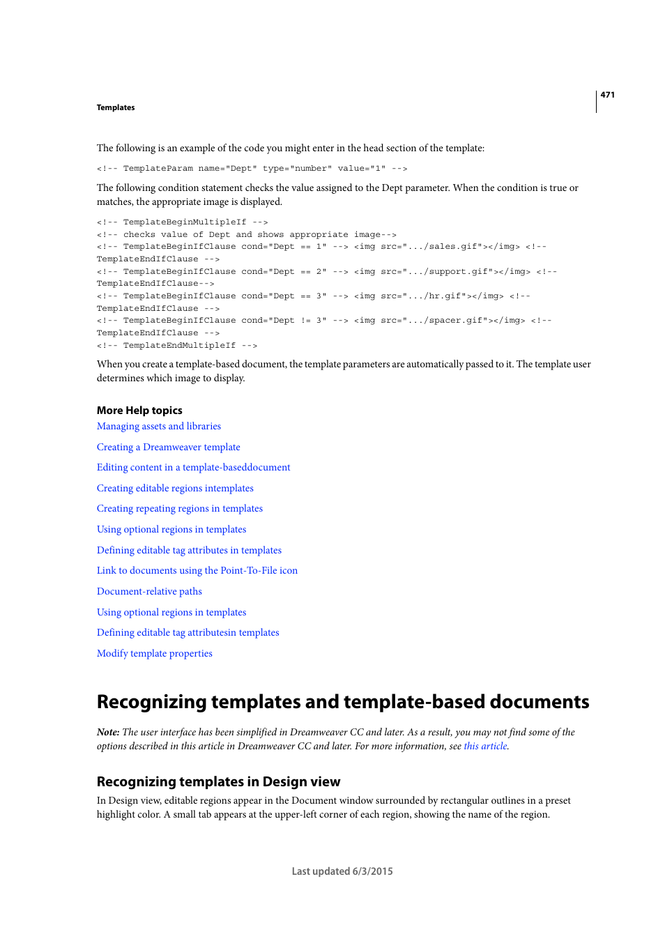 Recognizing templates and template-based documents, Recognizing templates in design view | Adobe Dreamweaver CC 2015 User Manual | Page 478 / 700