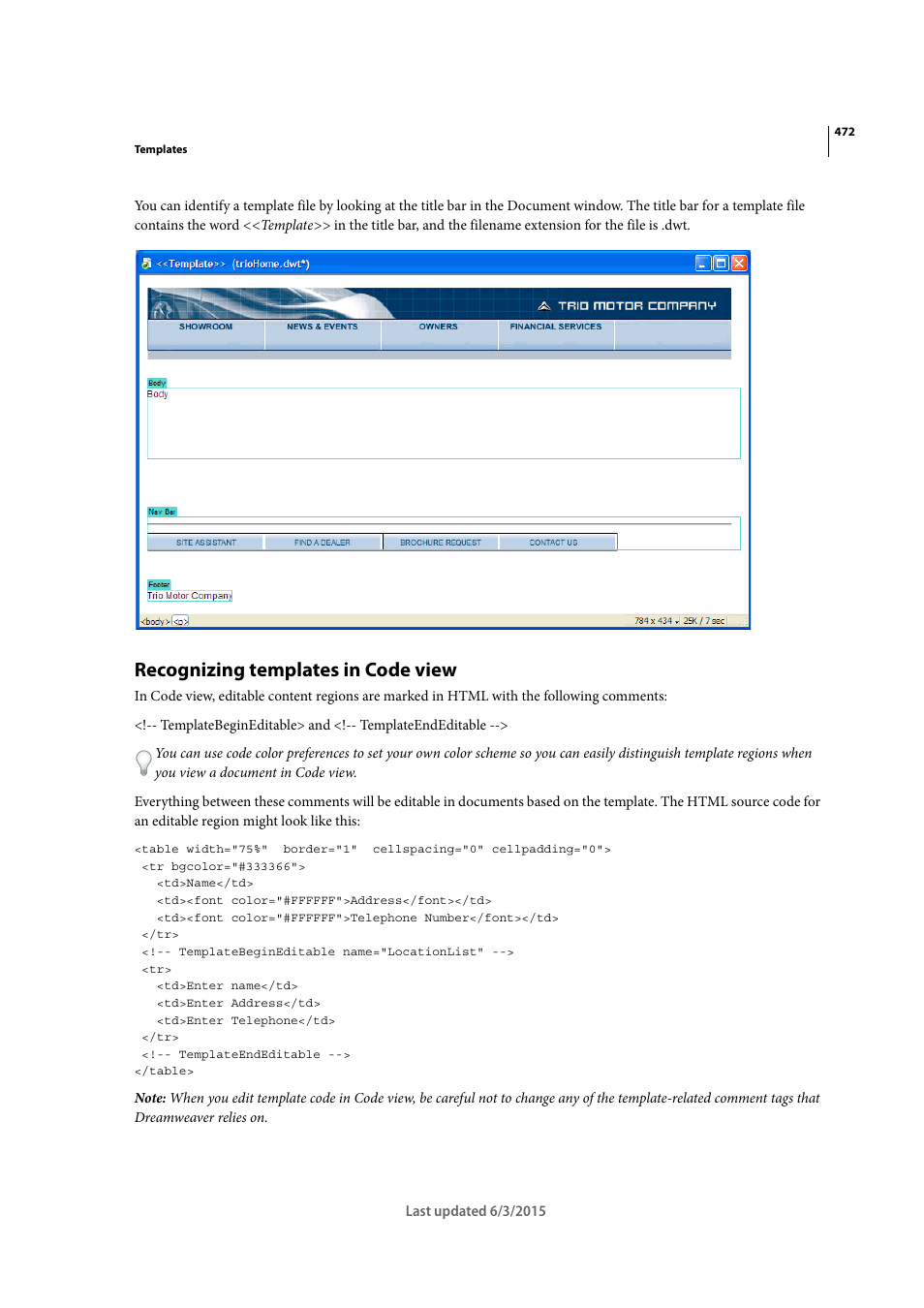 Recognizing templates in code view | Adobe Dreamweaver CC 2015 User Manual | Page 479 / 700