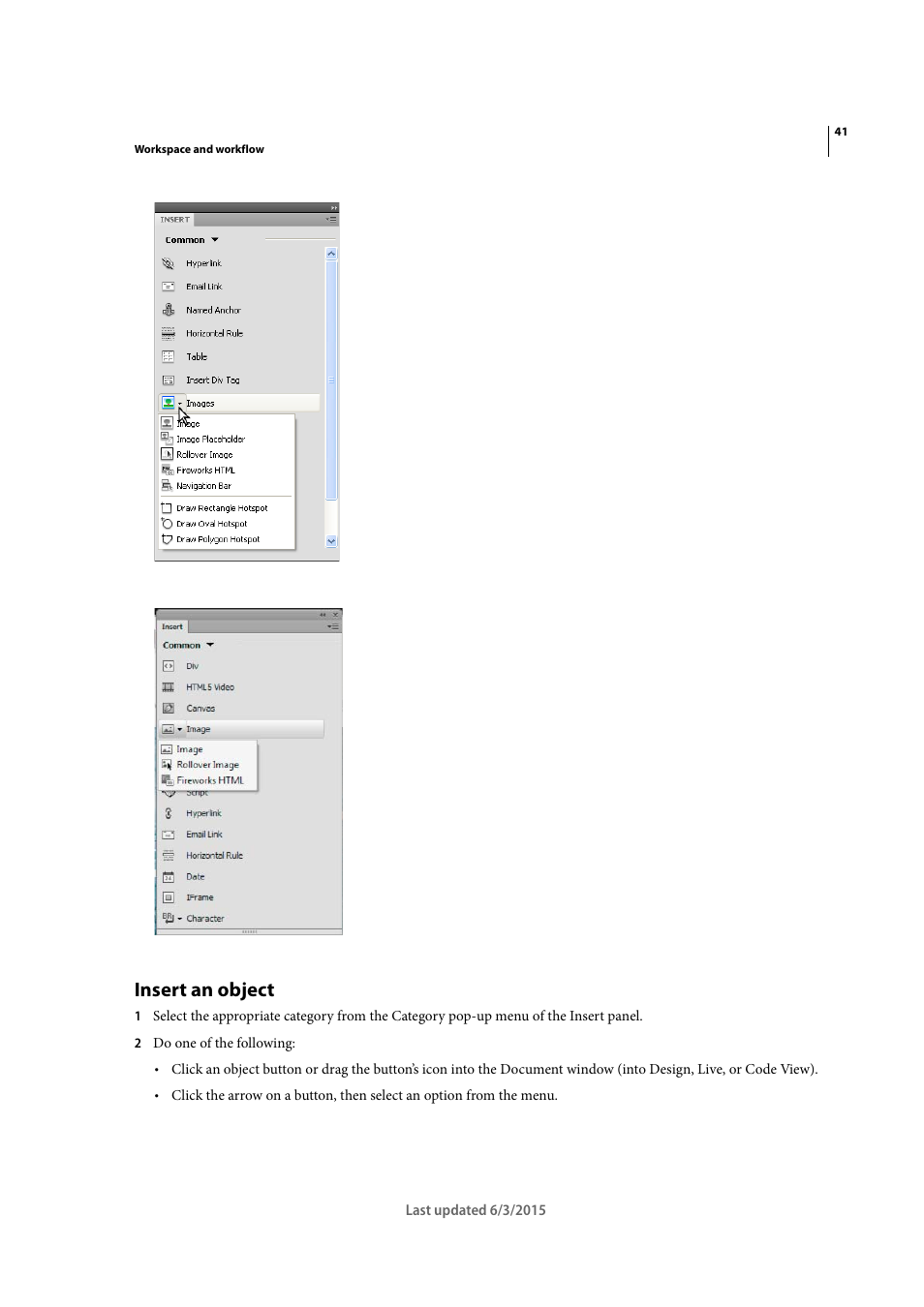 Insert an object | Adobe Dreamweaver CC 2015 User Manual | Page 48 / 700