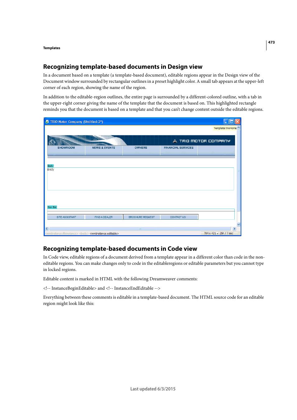 Recognizing template-based documents in code view | Adobe Dreamweaver CC 2015 User Manual | Page 480 / 700