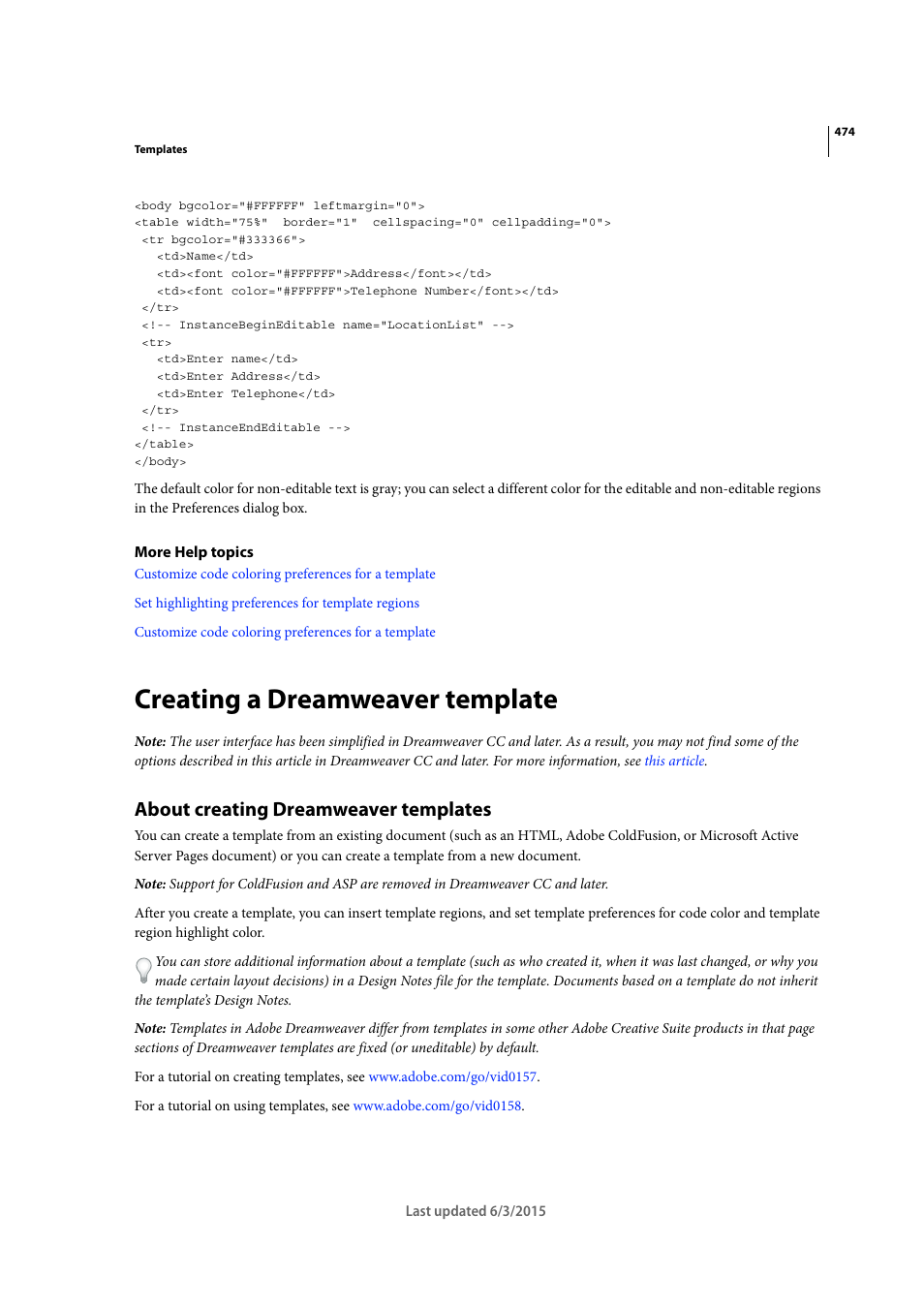 Creating a dreamweaver template, About creating dreamweaver templates | Adobe Dreamweaver CC 2015 User Manual | Page 481 / 700