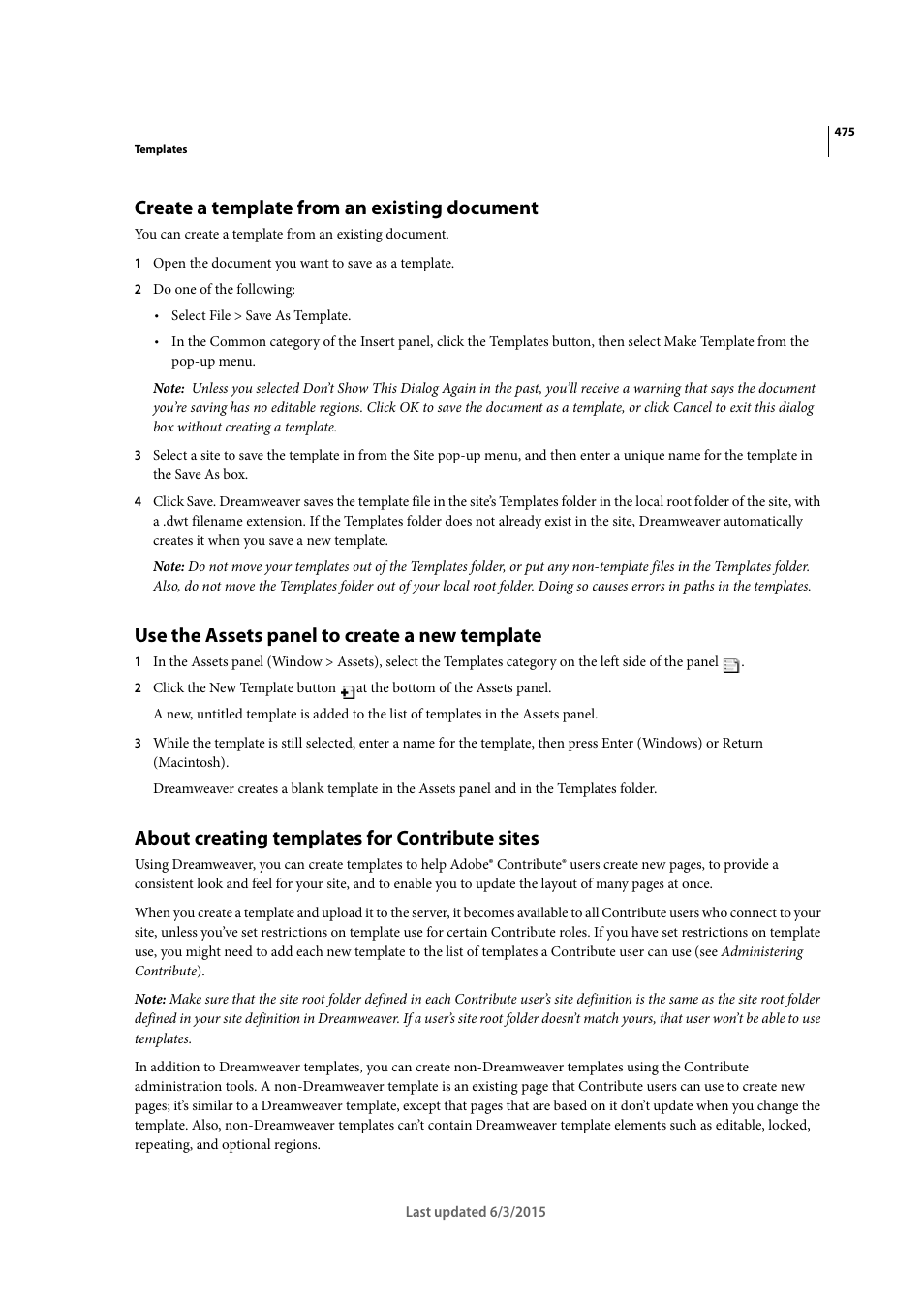 Create a template from an existing document, Use the assets panel to create a new template, About creating templates for contribute sites | Adobe Dreamweaver CC 2015 User Manual | Page 482 / 700