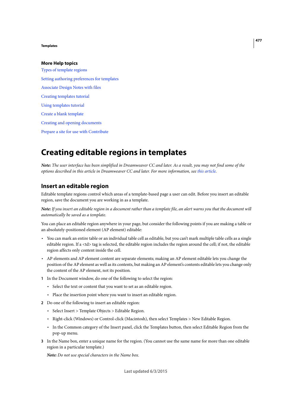 Creating editable regions in templates, Insert an editable region | Adobe Dreamweaver CC 2015 User Manual | Page 484 / 700