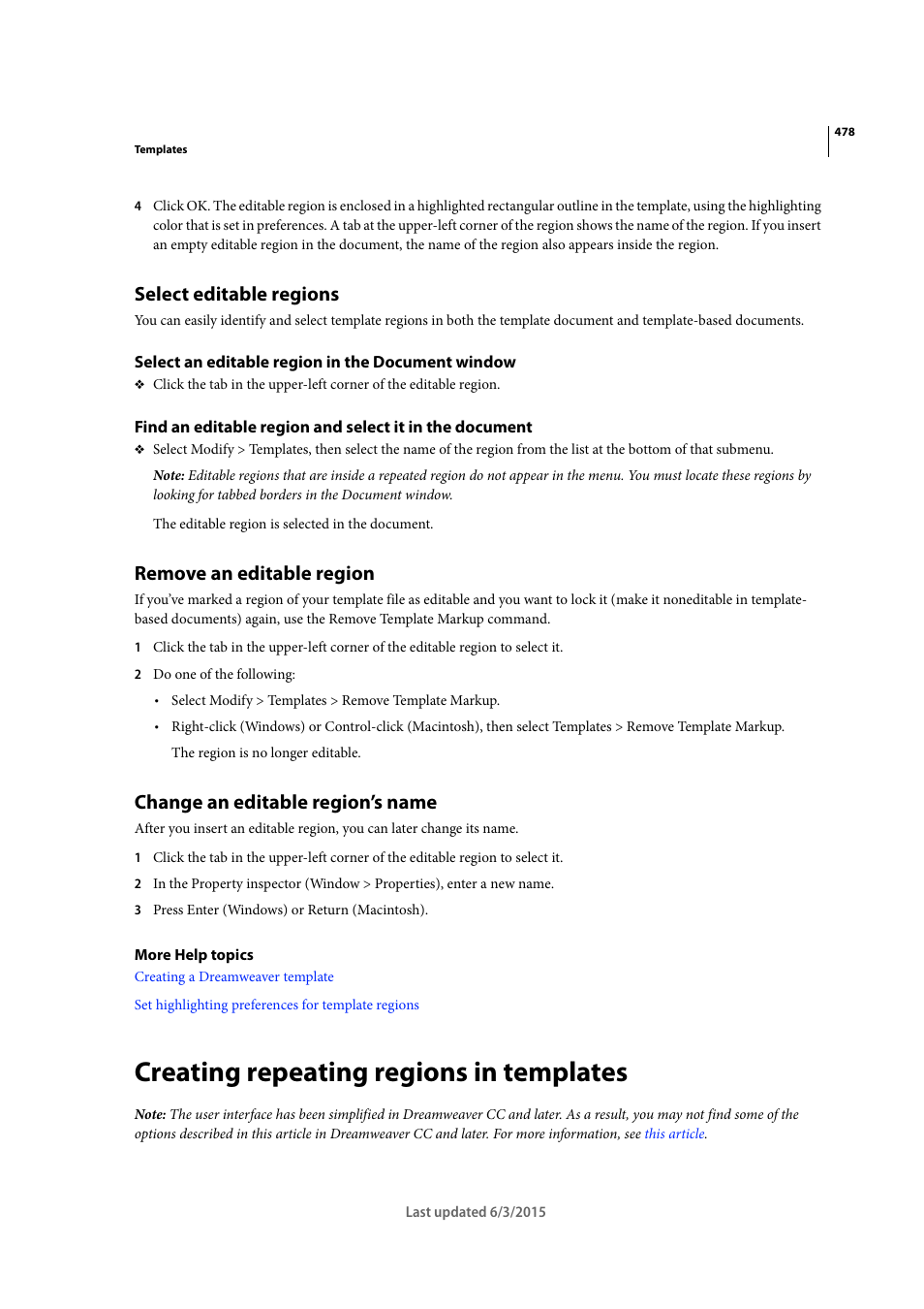 Select editable regions, Select an editable region in the document window, Remove an editable region | Change an editable region’s name, Creating repeating regions in templates | Adobe Dreamweaver CC 2015 User Manual | Page 485 / 700