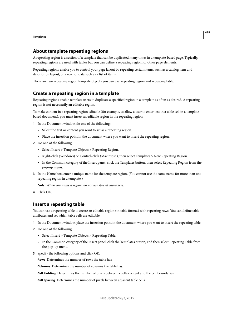 About template repeating regions, Create a repeating region in a template, Insert a repeating table | Adobe Dreamweaver CC 2015 User Manual | Page 486 / 700