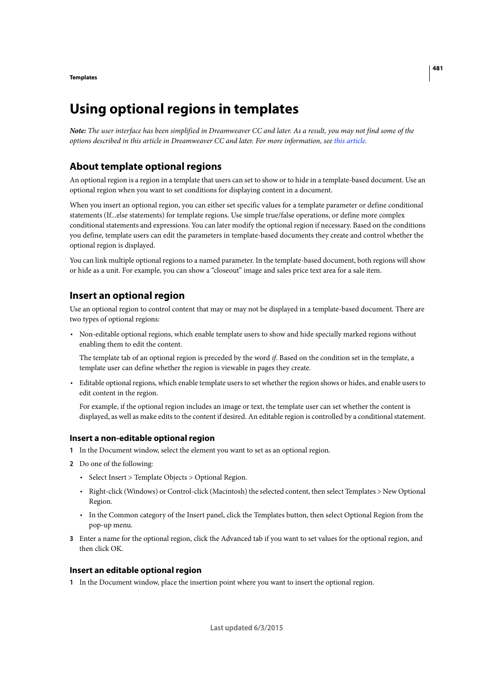 Using optional regions in templates, About template optional regions, Insert an optional region | Insert a non-editable optional region, Insert an editable optional region | Adobe Dreamweaver CC 2015 User Manual | Page 488 / 700