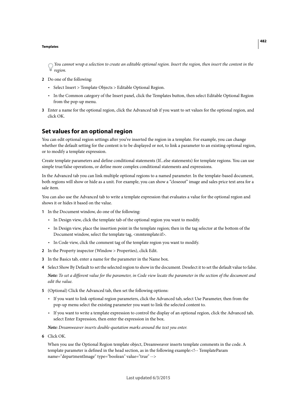 Set values for an optional region | Adobe Dreamweaver CC 2015 User Manual | Page 489 / 700