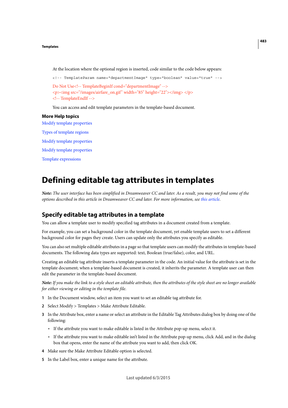 Defining editable tag attributes in templates, Specify editable tag attributes in a template | Adobe Dreamweaver CC 2015 User Manual | Page 490 / 700