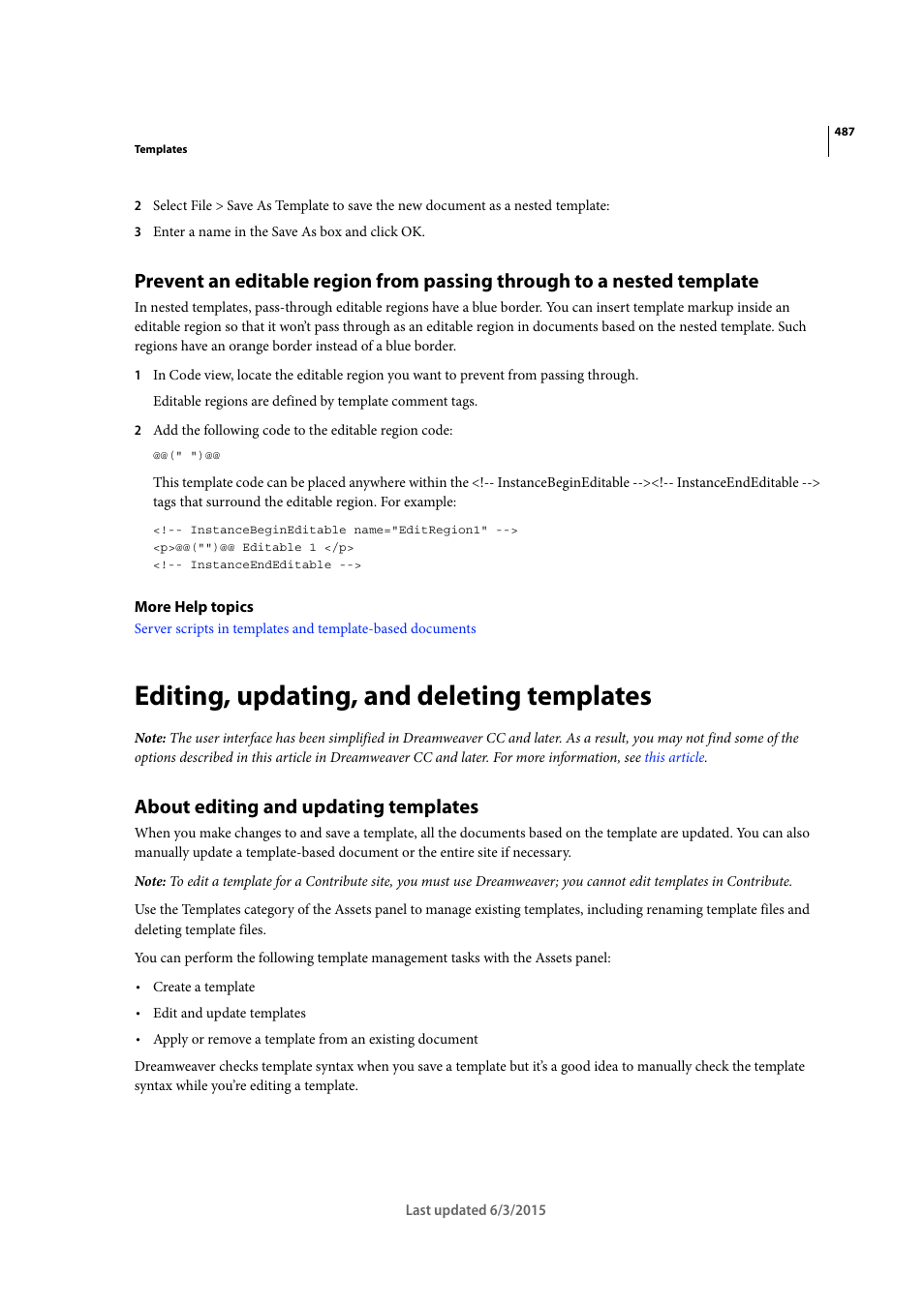 Editing, updating, and deleting templates, About editing and updating templates | Adobe Dreamweaver CC 2015 User Manual | Page 494 / 700