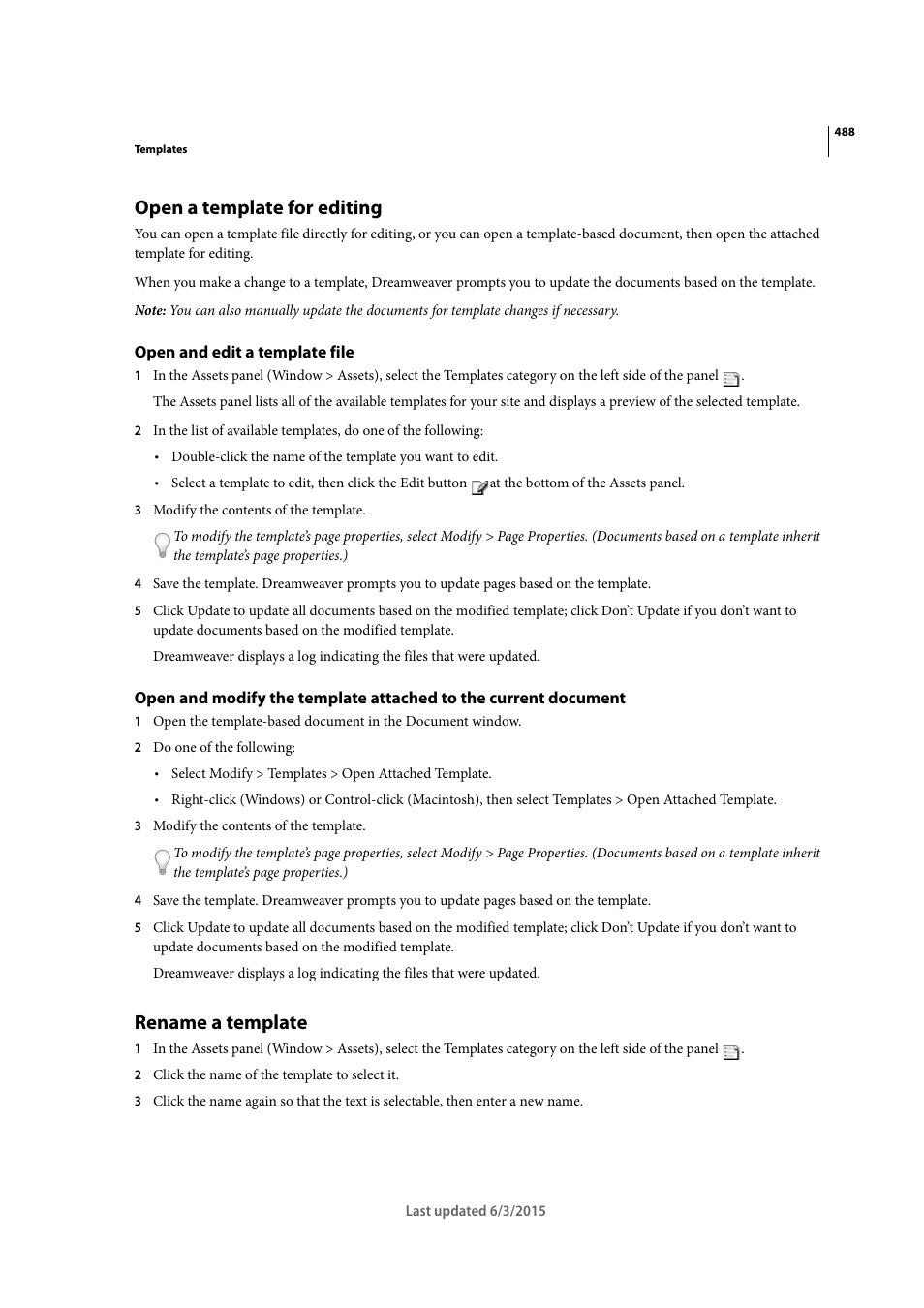 Open a template for editing, Open and edit a template file, Rename a template | Adobe Dreamweaver CC 2015 User Manual | Page 495 / 700