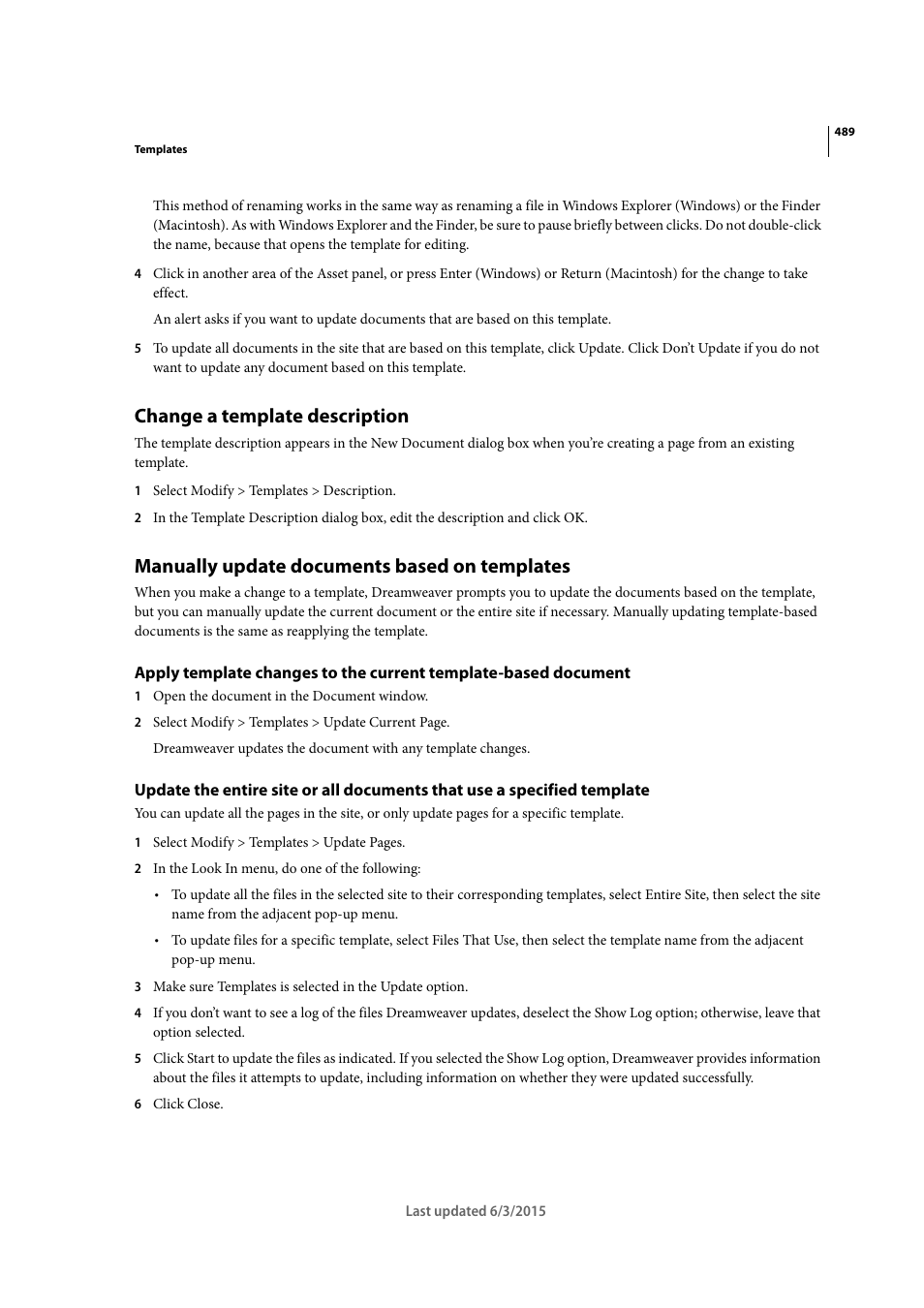 Change a template description, Manually update documents based on templates | Adobe Dreamweaver CC 2015 User Manual | Page 496 / 700