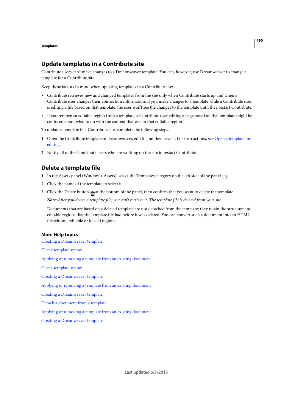 Update templates in a contribute site, Delete a template file | Adobe Dreamweaver CC 2015 User Manual | Page 497 / 700