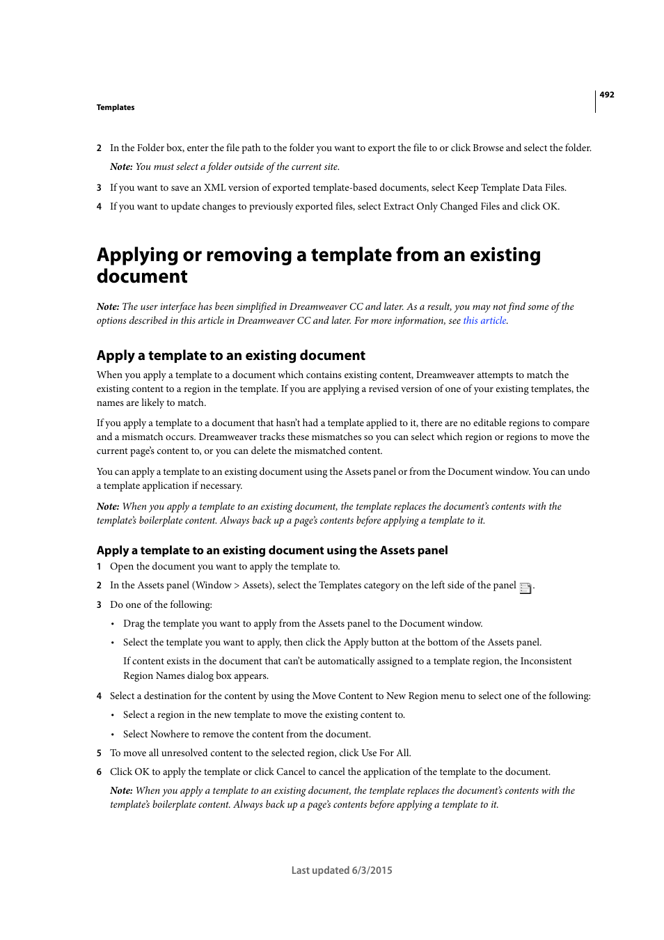 Apply a template to an existing document | Adobe Dreamweaver CC 2015 User Manual | Page 499 / 700