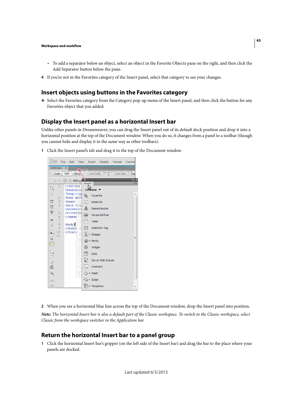 Return the horizontal insert bar to a panel group | Adobe Dreamweaver CC 2015 User Manual | Page 50 / 700