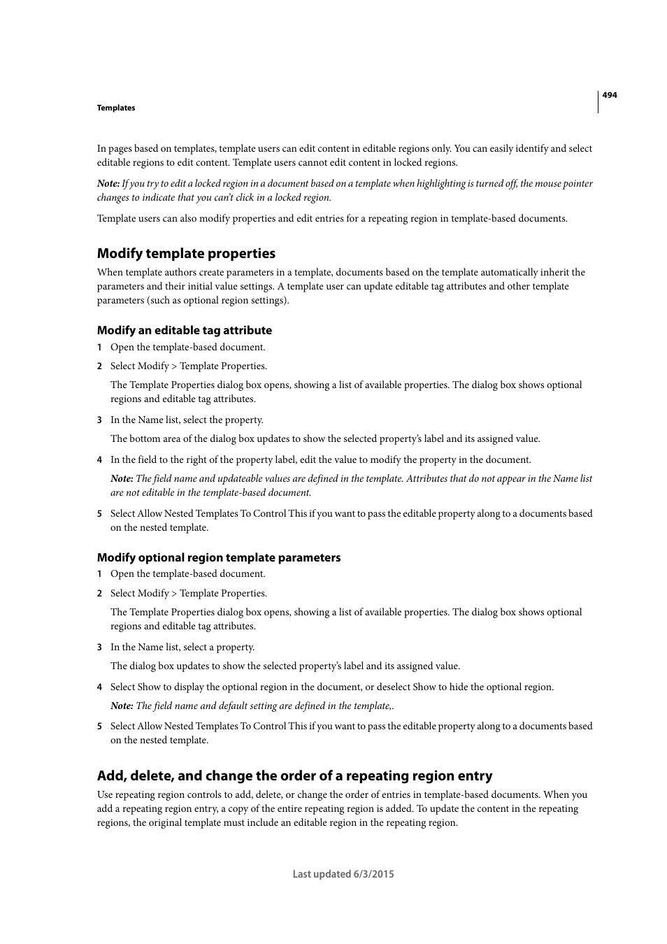 Modify template properties, Modify an editable tag attribute, Modify optional region template parameters | Adobe Dreamweaver CC 2015 User Manual | Page 501 / 700