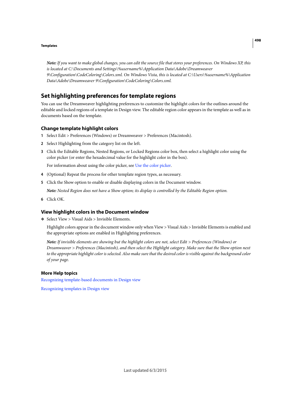 Set highlighting preferences for template regions, Change template highlight colors, View highlight colors in the document window | Adobe Dreamweaver CC 2015 User Manual | Page 505 / 700