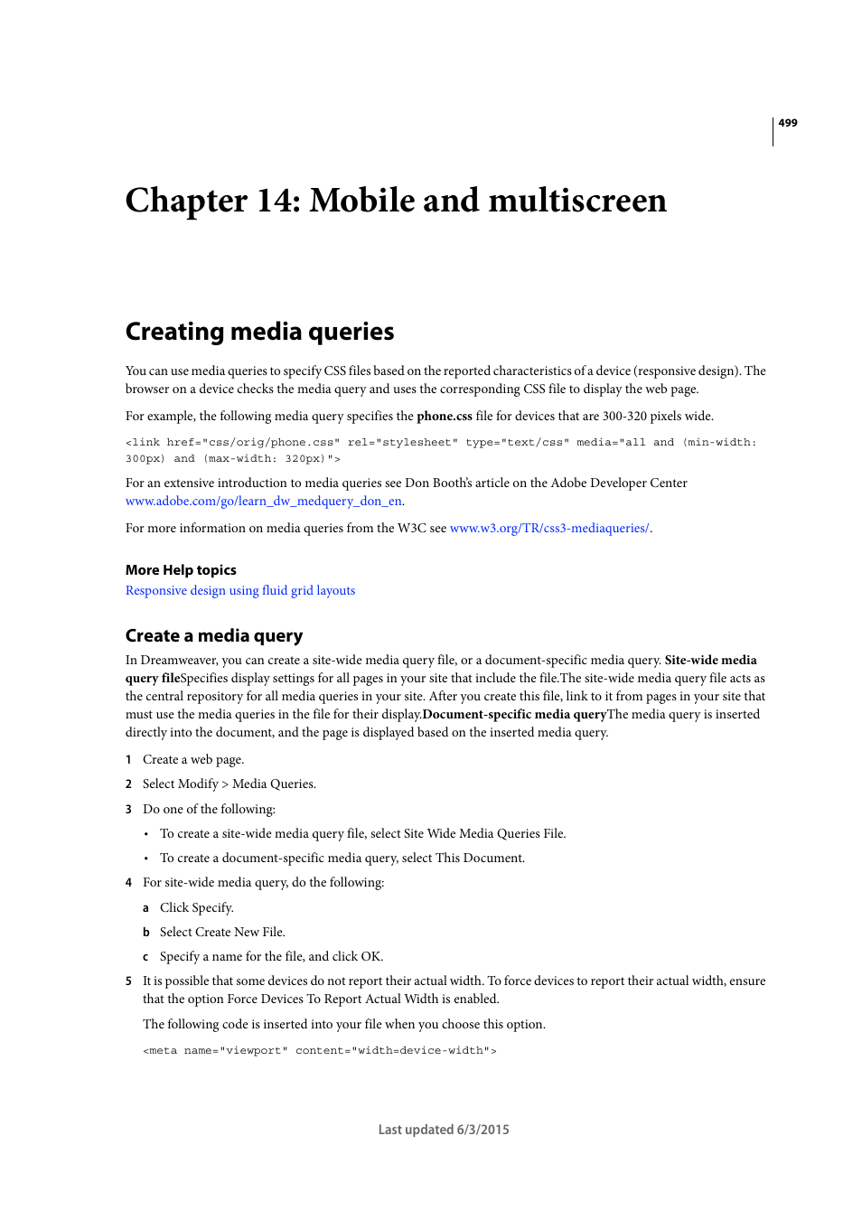 Chapter 14: mobile and multiscreen, Creating media queries, Create a media query | Adobe Dreamweaver CC 2015 User Manual | Page 506 / 700