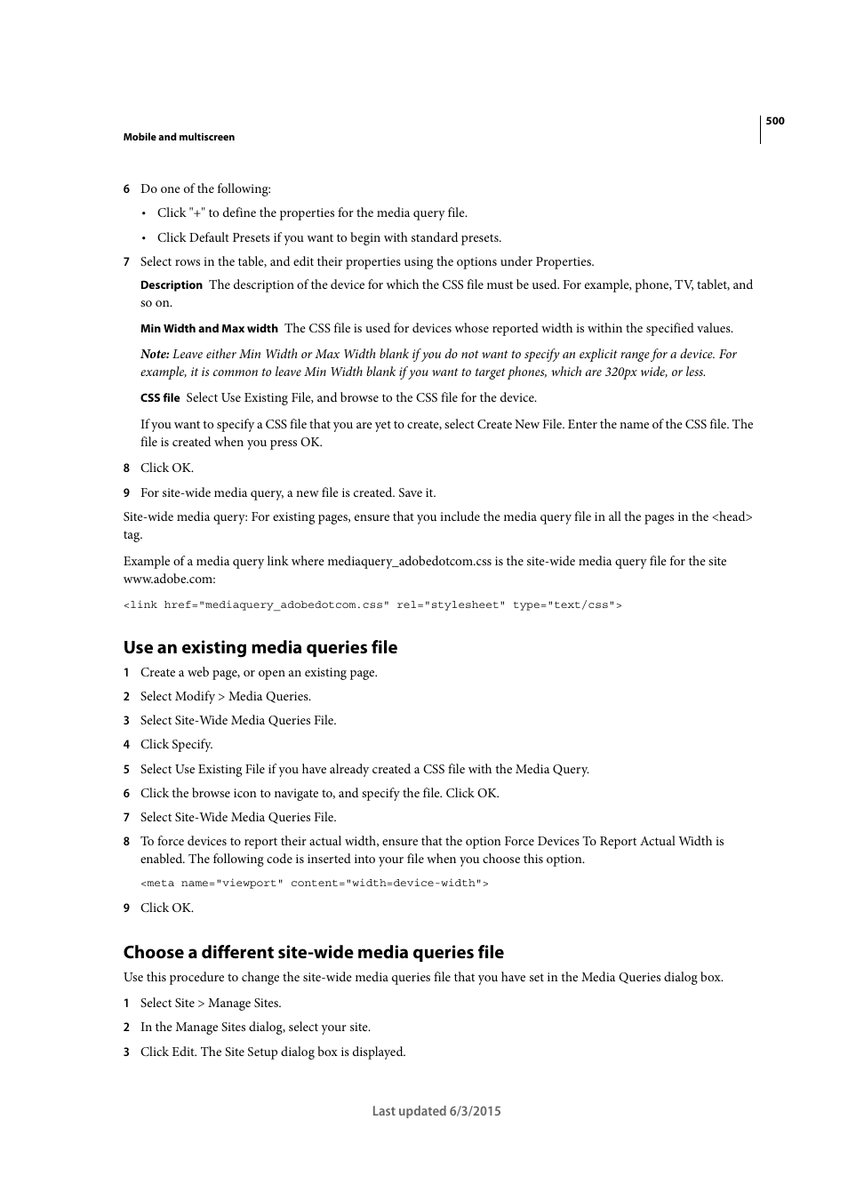 Use an existing media queries file, Choose a different site-wide media queries file | Adobe Dreamweaver CC 2015 User Manual | Page 507 / 700