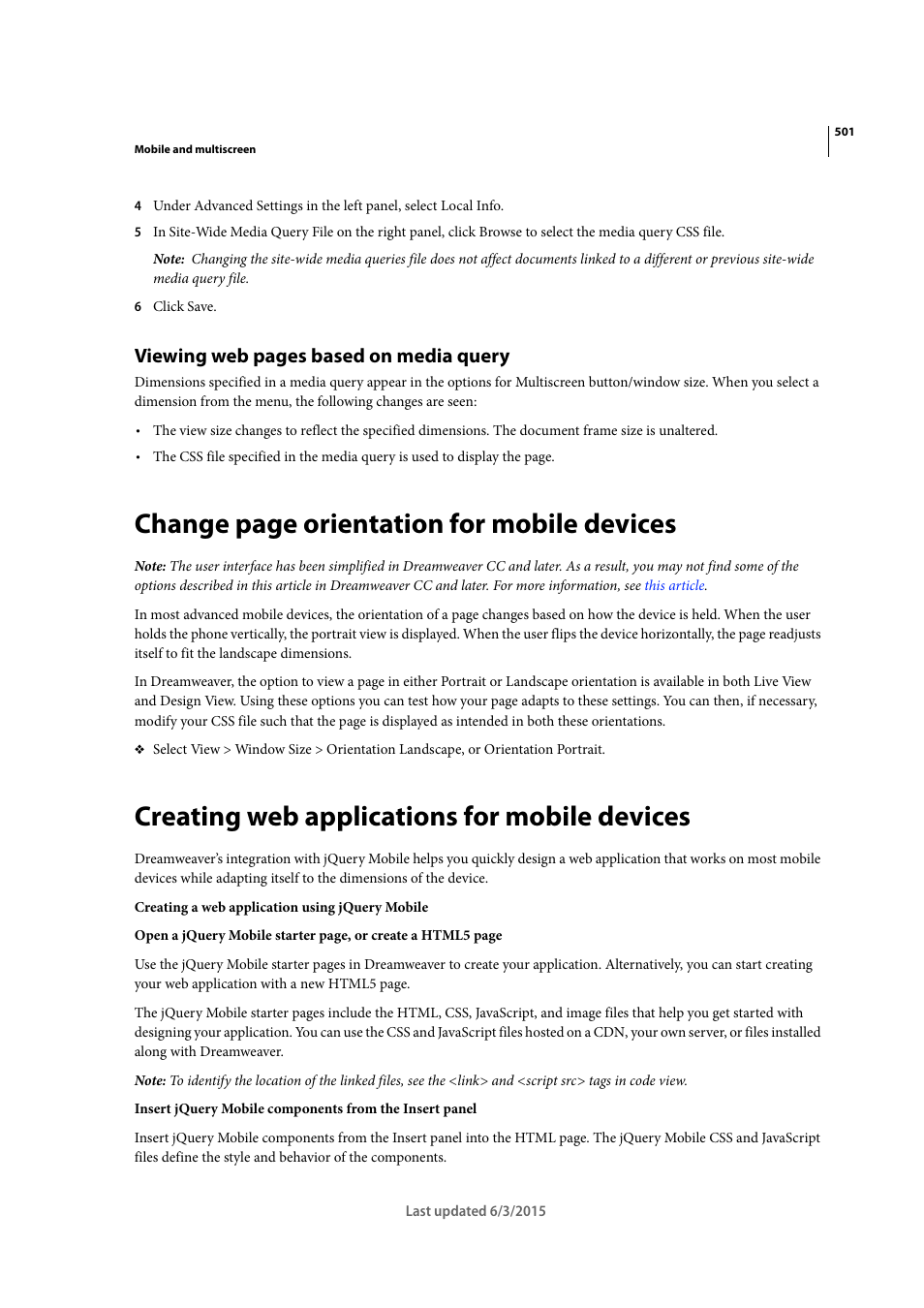 Creating web applications for mobile devices, Change page orientation for mobile devices, Viewing web pages based on media query | Adobe Dreamweaver CC 2015 User Manual | Page 508 / 700