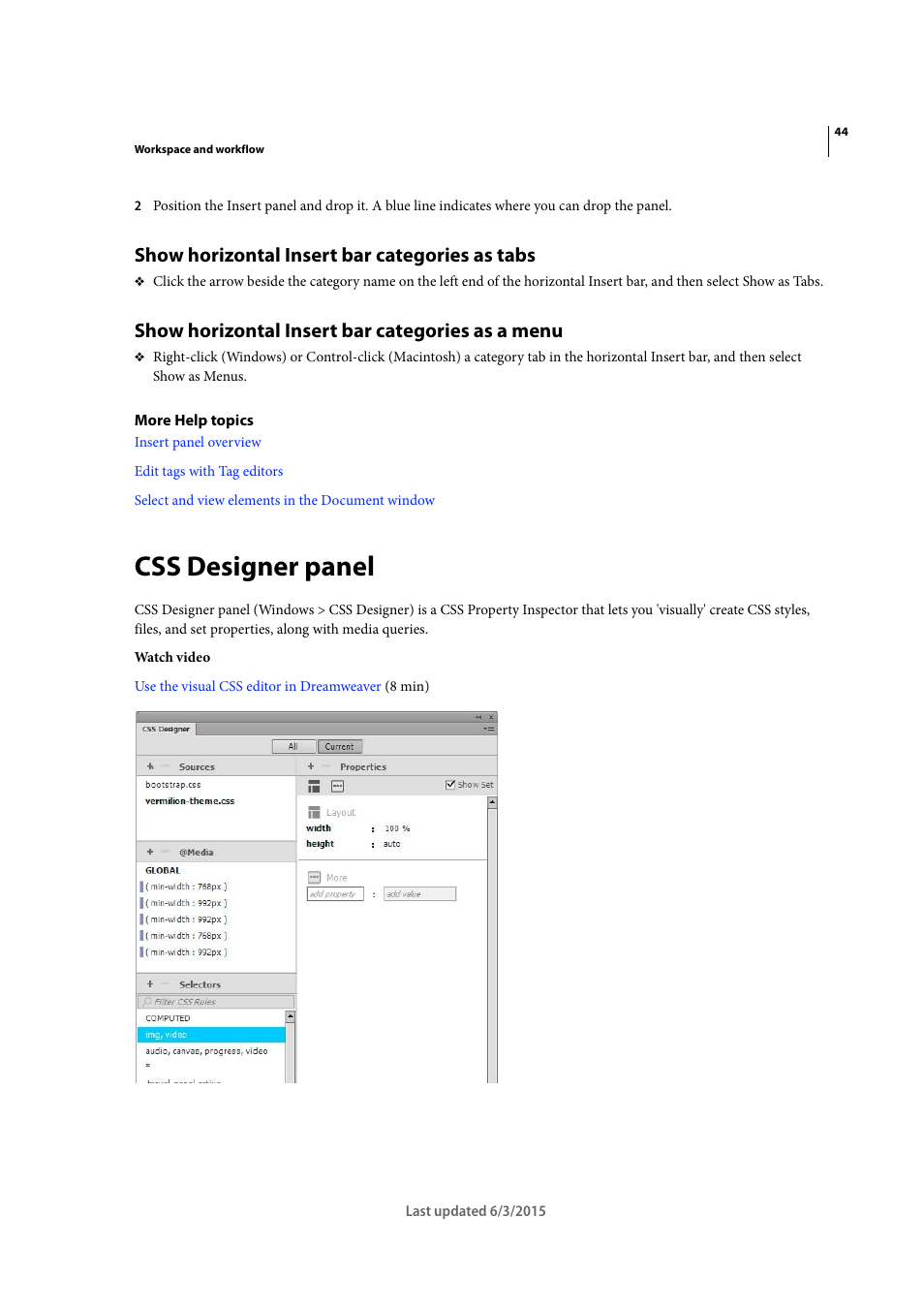 Show horizontal insert bar categories as tabs, Show horizontal insert bar categories as a menu, Css designer panel | Adobe Dreamweaver CC 2015 User Manual | Page 51 / 700