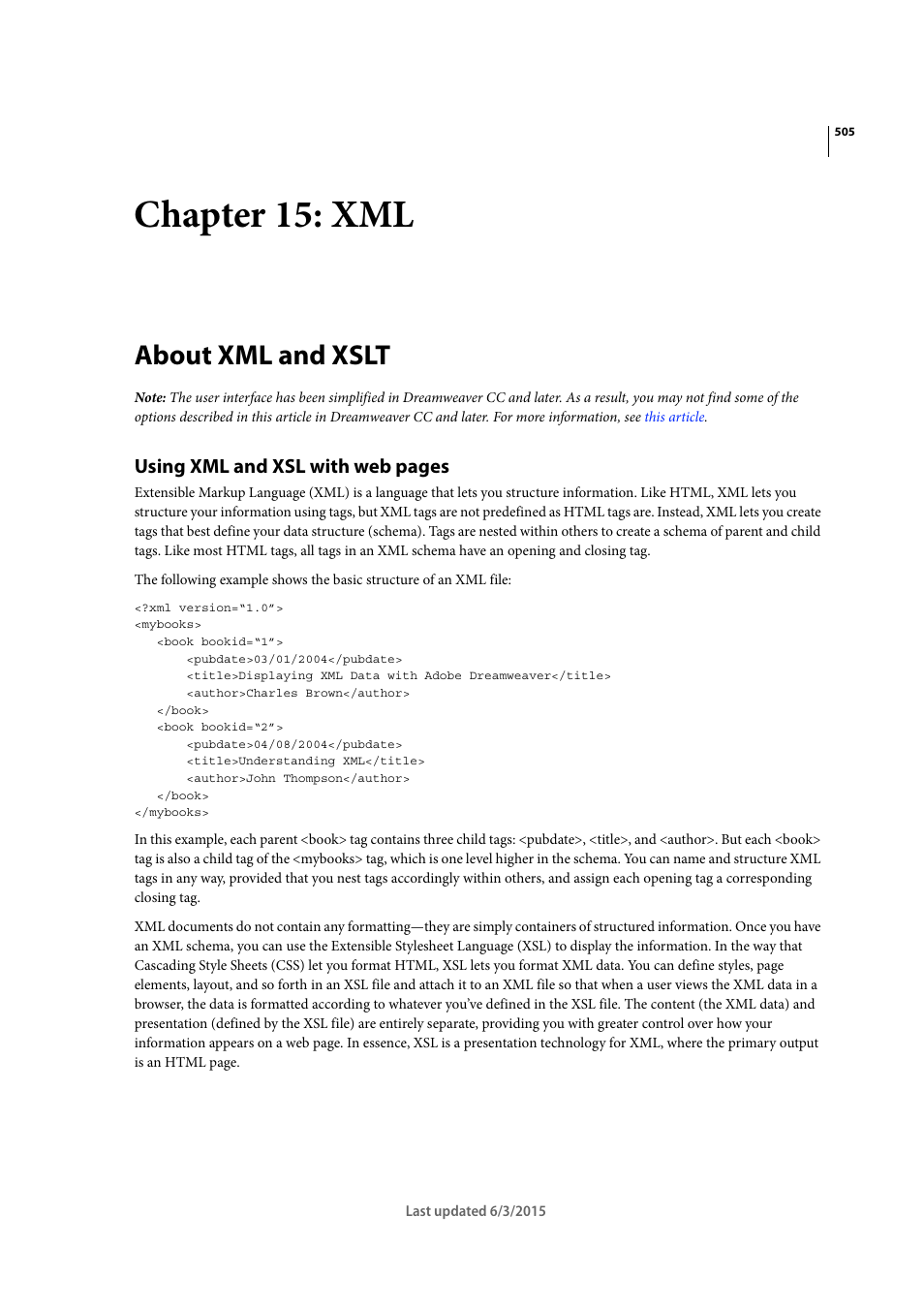 Chapter 15: xml, About xml and xslt, Using xml and xsl with web pages | Adobe Dreamweaver CC 2015 User Manual | Page 512 / 700