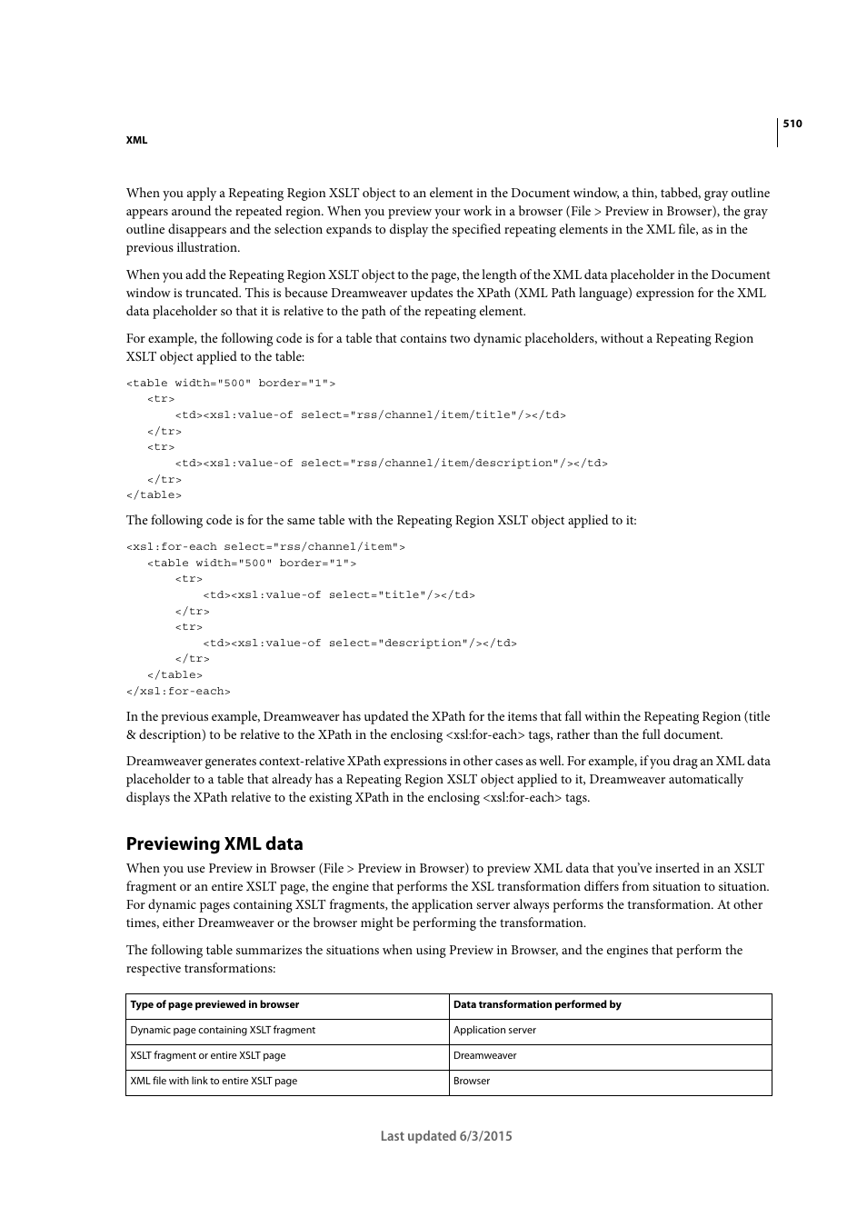 Previewing xml data | Adobe Dreamweaver CC 2015 User Manual | Page 517 / 700