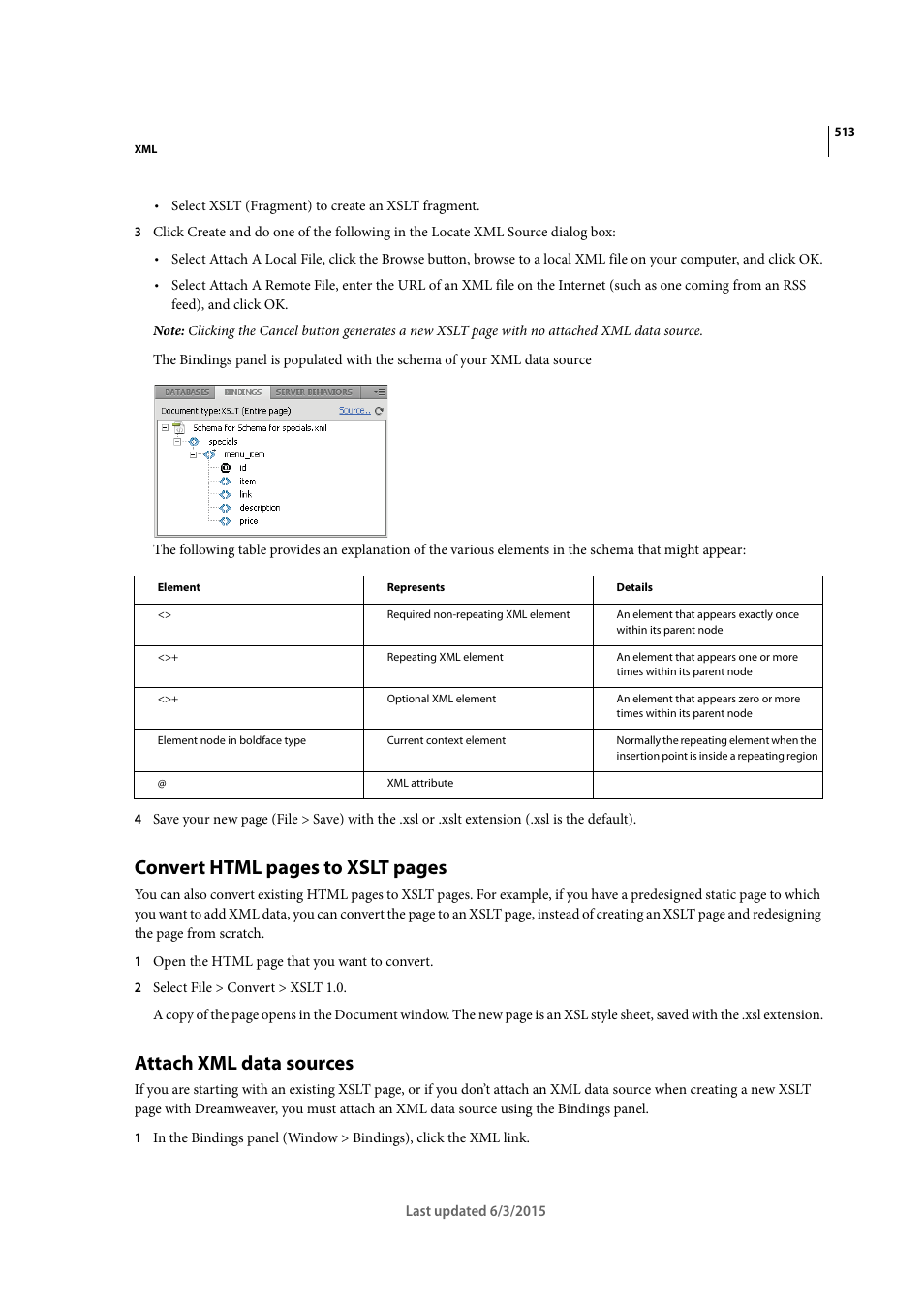 Attach xml data sources, Convert html pages to xslt pages | Adobe Dreamweaver CC 2015 User Manual | Page 520 / 700