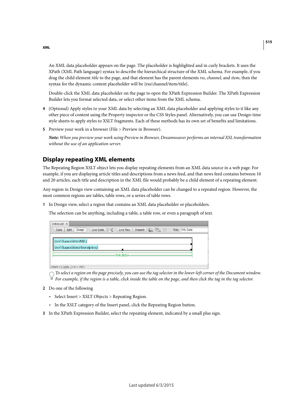 Display repeating xml elements | Adobe Dreamweaver CC 2015 User Manual | Page 522 / 700