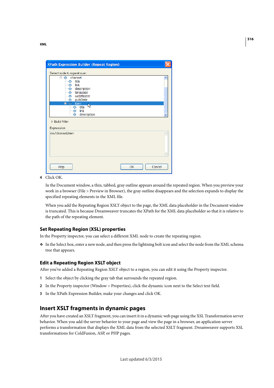 Set repeating region (xsl) properties, Edit a repeating region xslt object, Insert xslt fragments in dynamic pages | Adobe Dreamweaver CC 2015 User Manual | Page 523 / 700