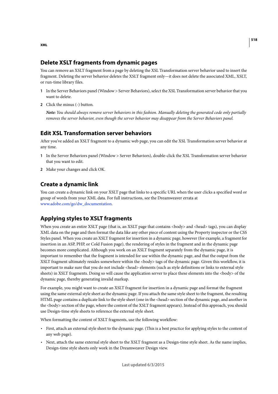 Edit xsl transformation server behaviors, Create a dynamic link, Applying styles to xslt fragments | Delete xslt fragments from dynamic pages | Adobe Dreamweaver CC 2015 User Manual | Page 525 / 700