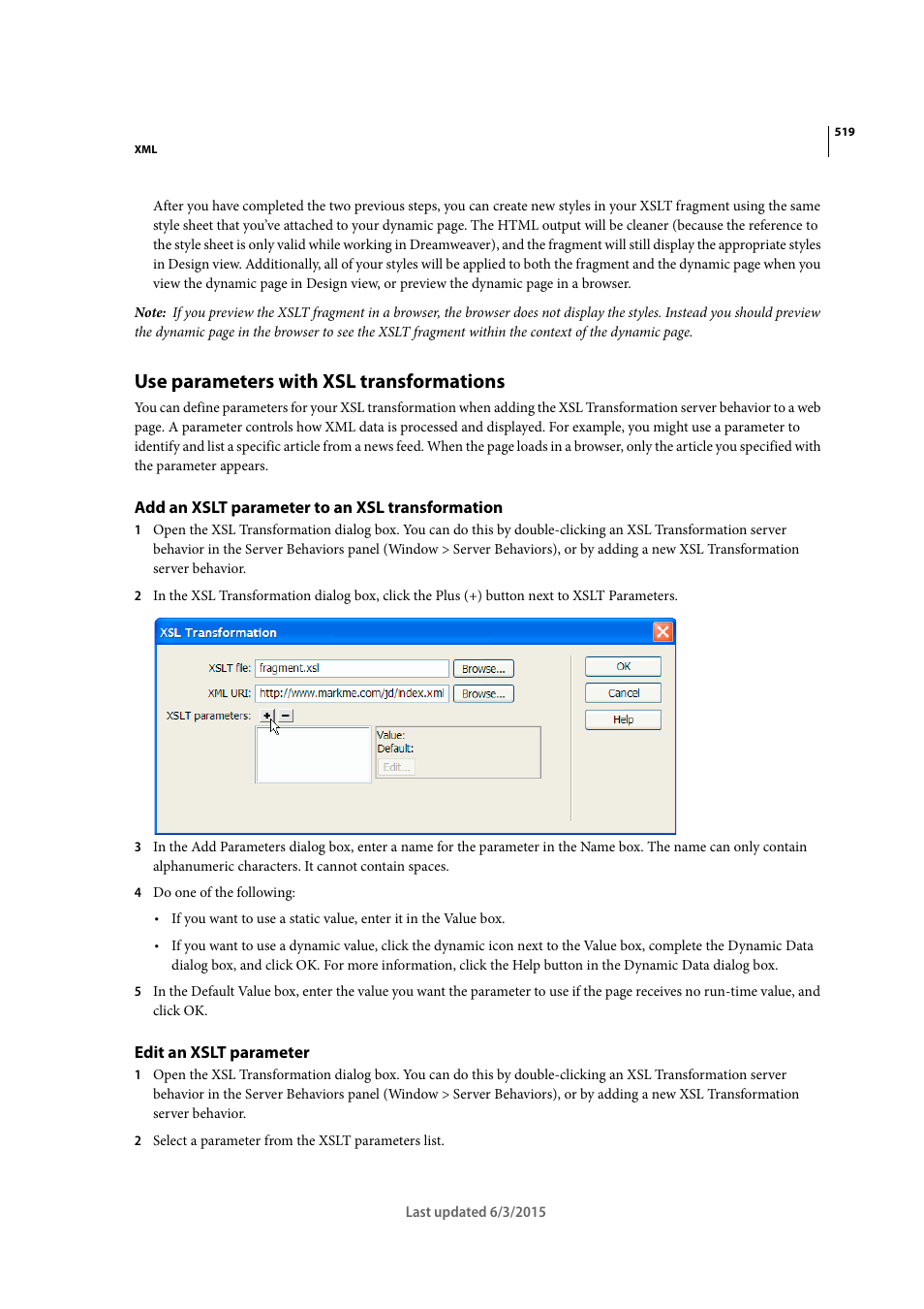 Use parameters with xsl transformations, Add an xslt parameter to an xsl transformation, Edit an xslt parameter | Adobe Dreamweaver CC 2015 User Manual | Page 526 / 700