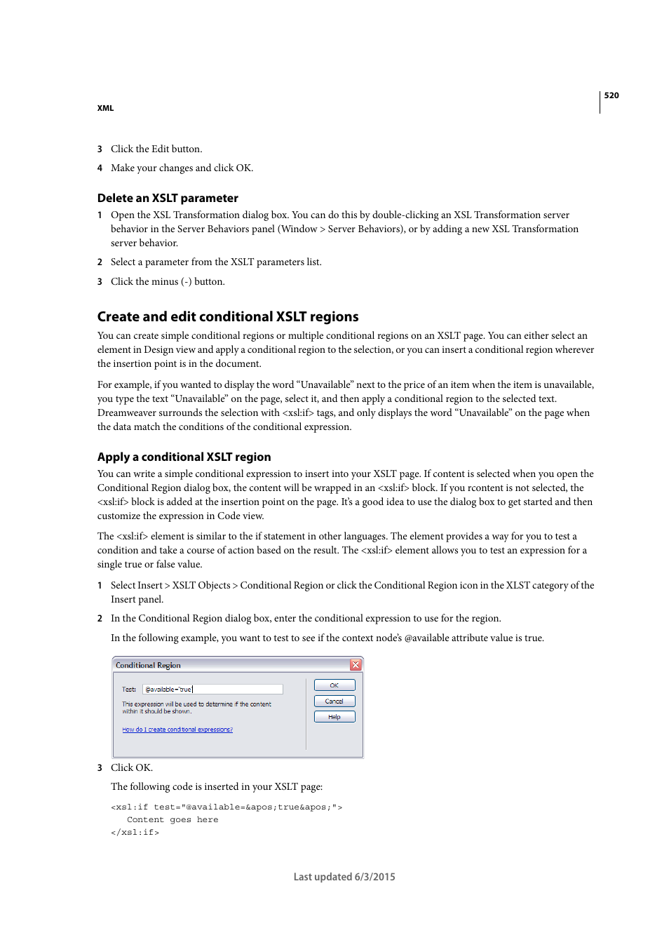 Delete an xslt parameter, Create and edit conditional xslt regions, Apply a conditional xslt region | Adobe Dreamweaver CC 2015 User Manual | Page 527 / 700