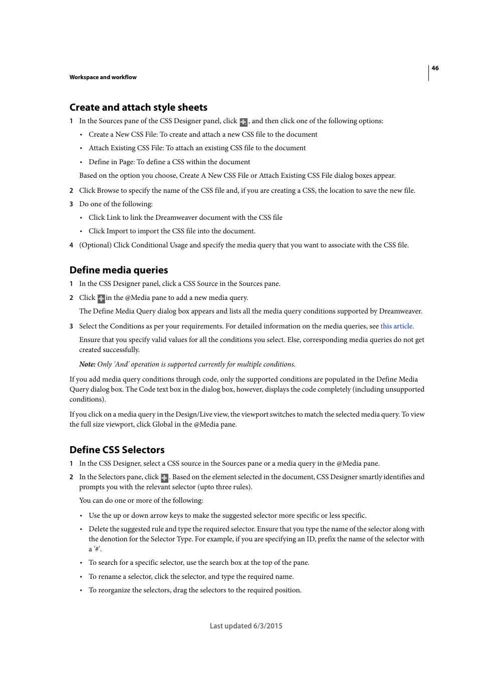Create and attach style sheets, Define media queries, Define css selectors | Adobe Dreamweaver CC 2015 User Manual | Page 53 / 700
