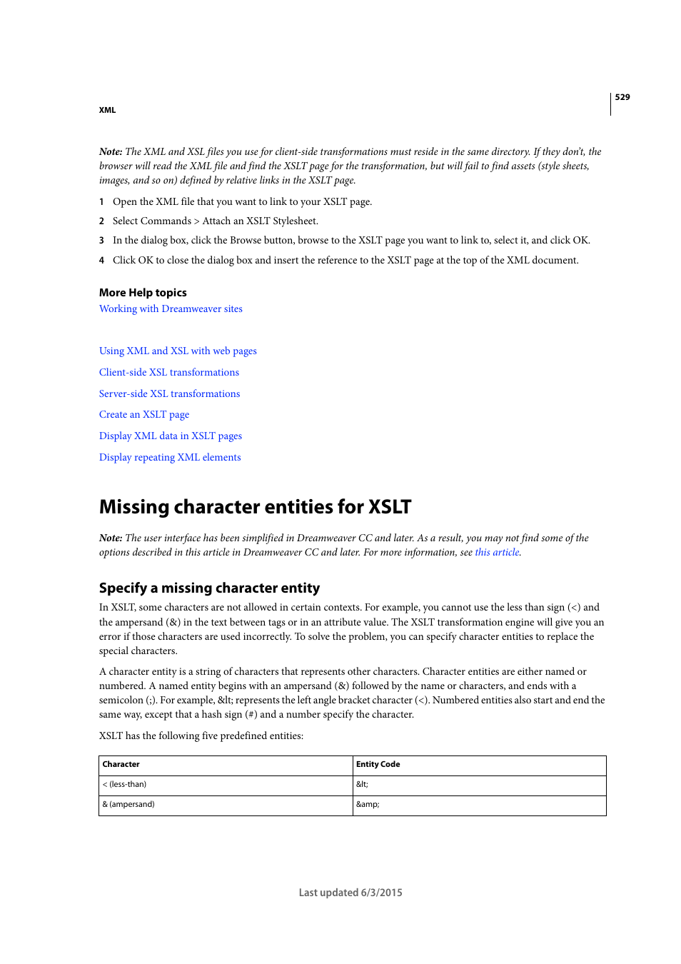 Missing character entities for xslt, Specify a missing character entity | Adobe Dreamweaver CC 2015 User Manual | Page 536 / 700