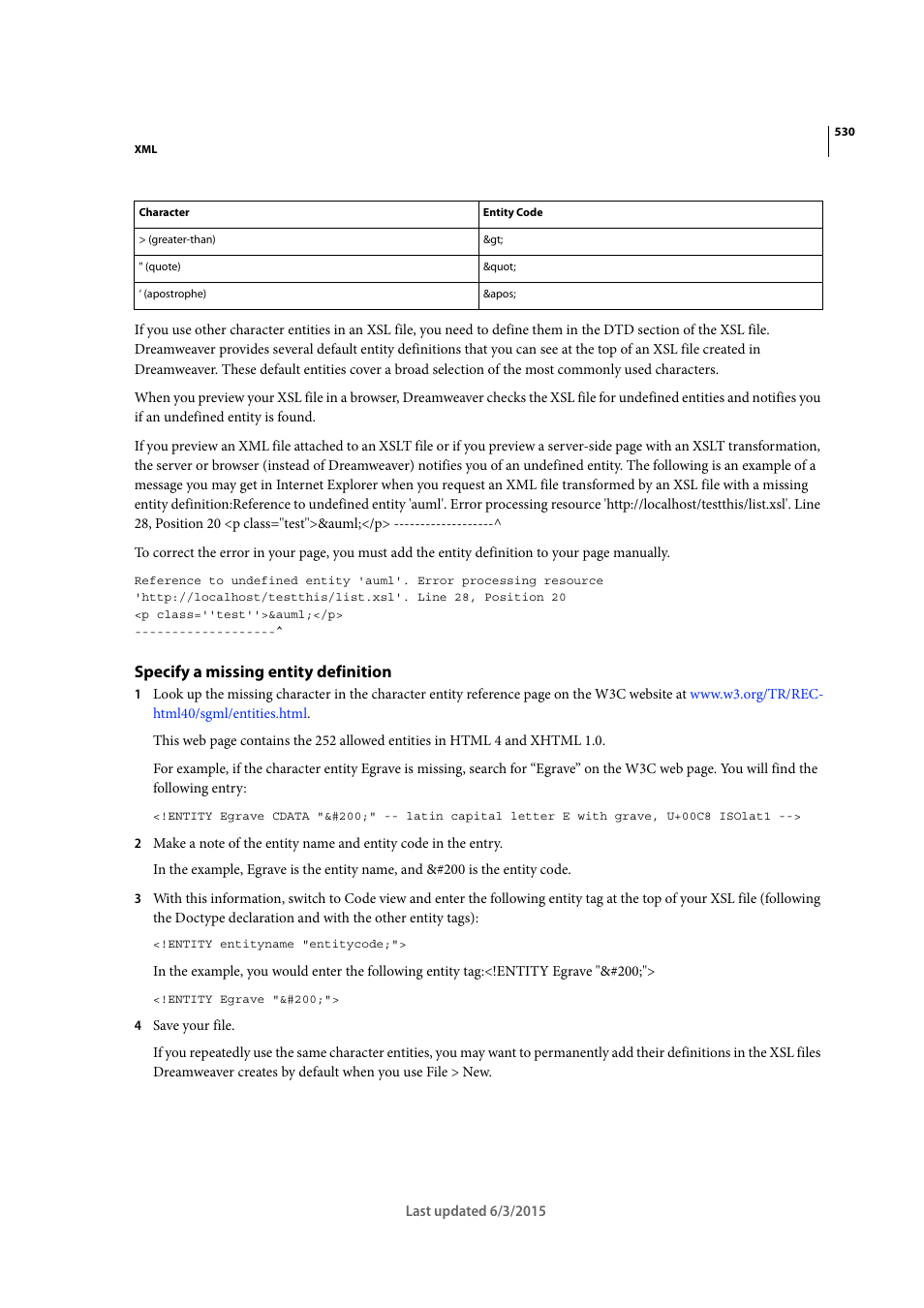 Specify a missing entity definition | Adobe Dreamweaver CC 2015 User Manual | Page 537 / 700