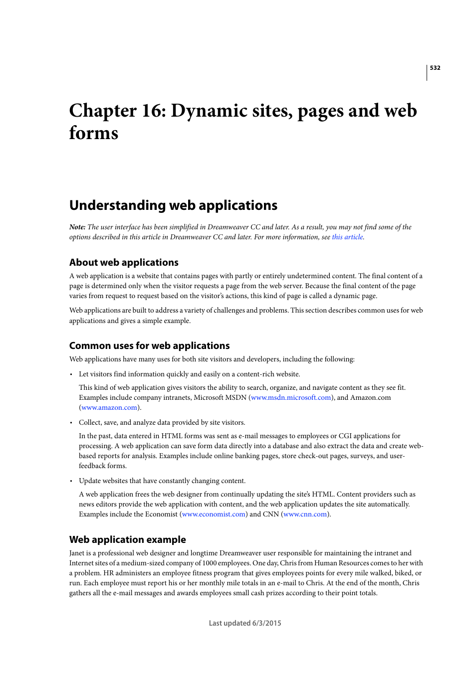 Understanding web applications, About web applications, Common uses for web applications | Web application example, Chapter 16: dynamic sites, pages and web forms | Adobe Dreamweaver CC 2015 User Manual | Page 539 / 700