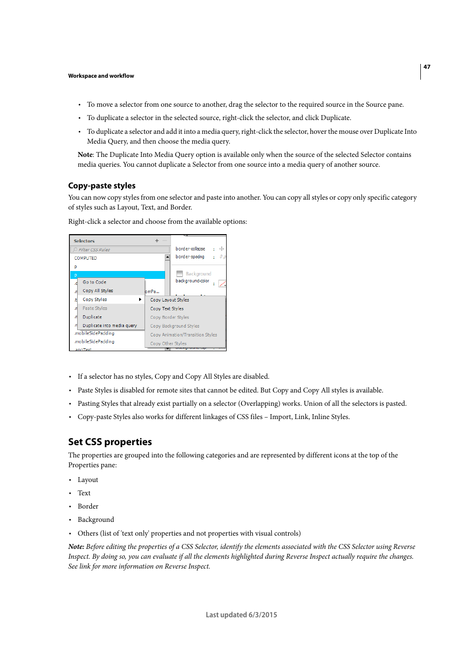 Copy-paste styles, Set css properties | Adobe Dreamweaver CC 2015 User Manual | Page 54 / 700