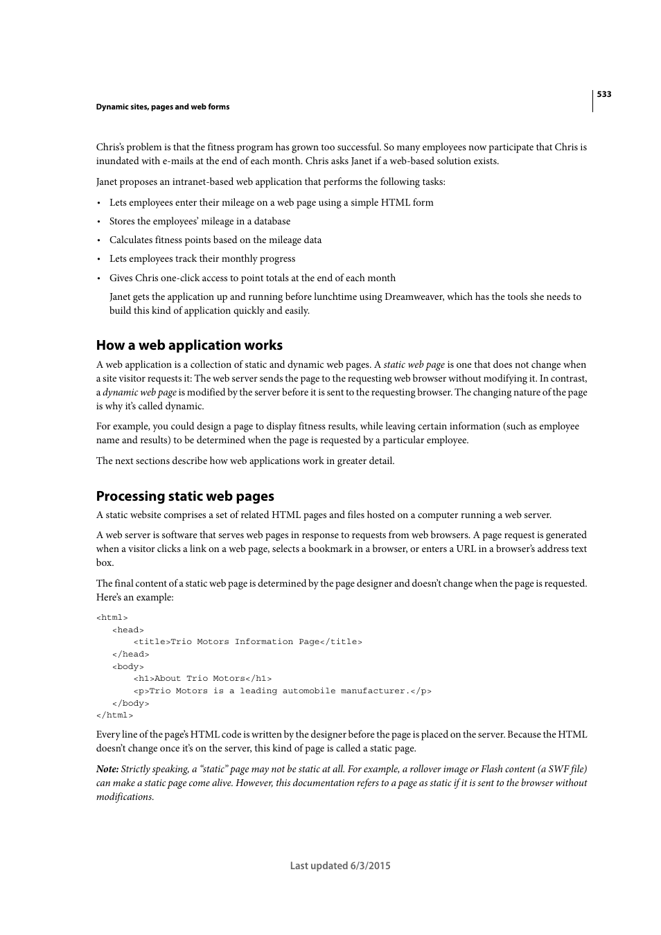 How a web application works, Processing static web pages | Adobe Dreamweaver CC 2015 User Manual | Page 540 / 700