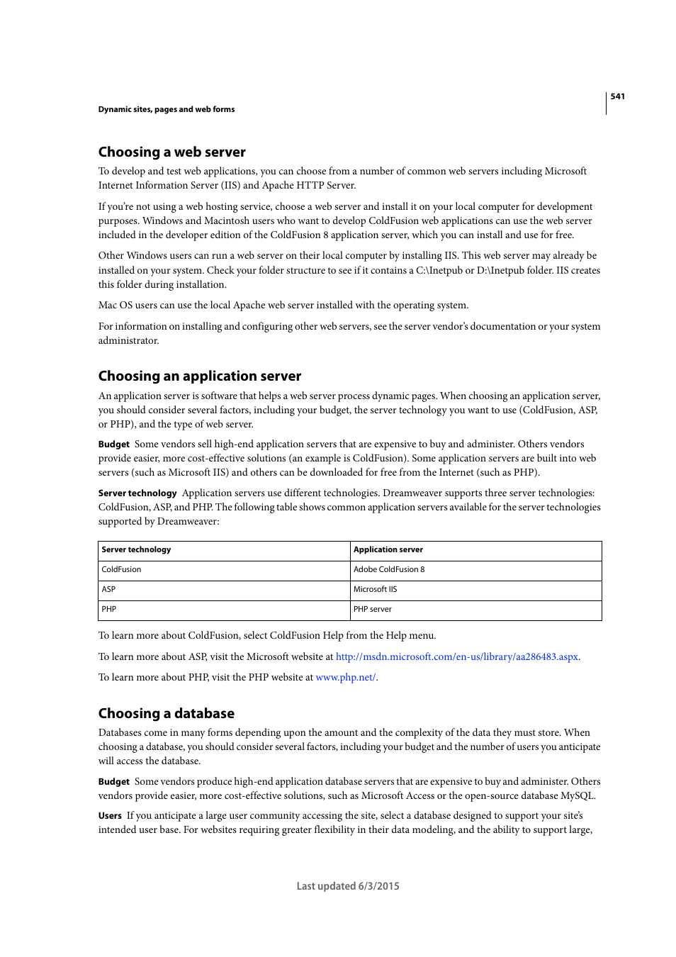 Choosing a web server, Choosing an application server, Choosing a database | Adobe Dreamweaver CC 2015 User Manual | Page 548 / 700