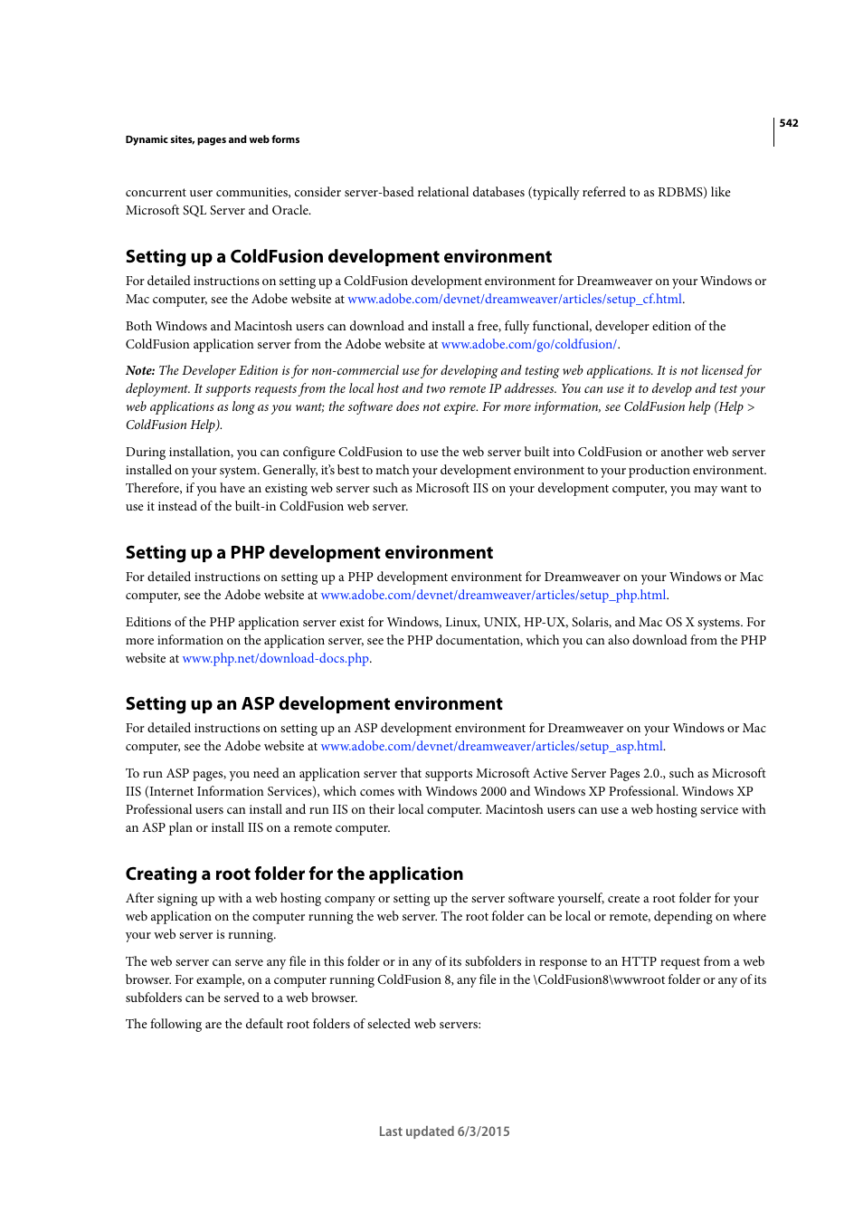 Setting up a coldfusion development environment, Setting up a php development environment, Setting up an asp development environment | Creating a root folder for the application | Adobe Dreamweaver CC 2015 User Manual | Page 549 / 700