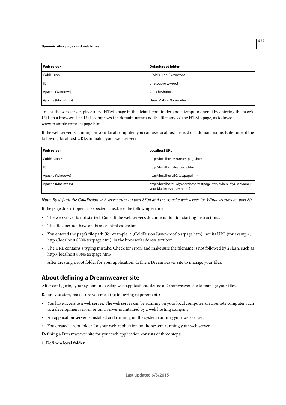 About defining a dreamweaver site | Adobe Dreamweaver CC 2015 User Manual | Page 550 / 700