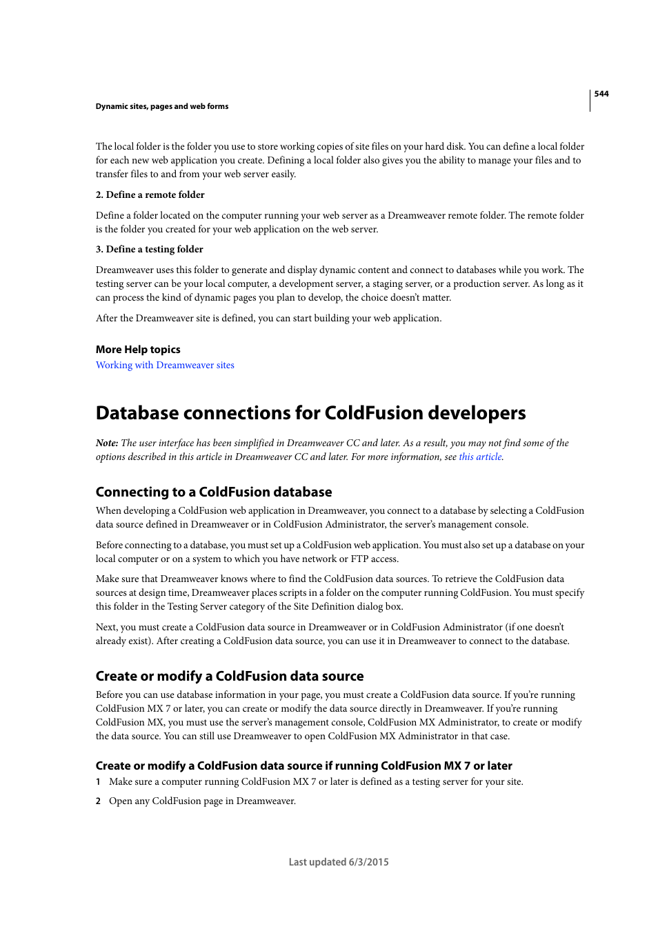 Database connections for coldfusion developers, Connecting to a coldfusion database, Create or modify a coldfusion data source | Adobe Dreamweaver CC 2015 User Manual | Page 551 / 700