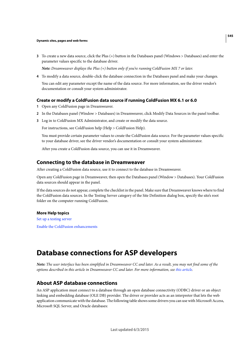 Connecting to the database in dreamweaver, Database connections for asp developers, About asp database connections | Adobe Dreamweaver CC 2015 User Manual | Page 552 / 700