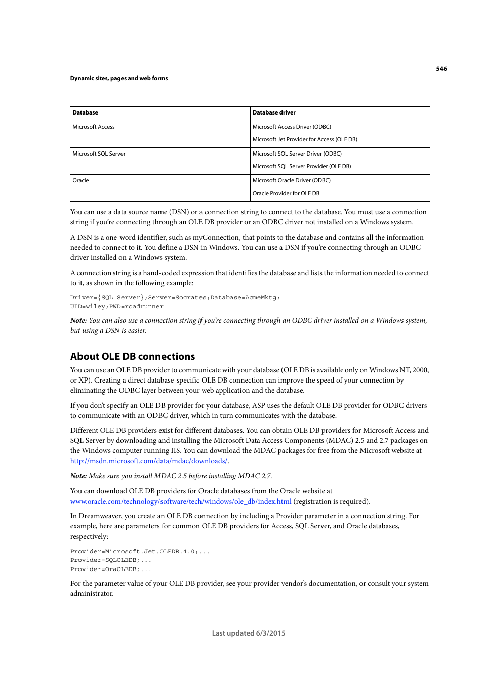 About ole db connections | Adobe Dreamweaver CC 2015 User Manual | Page 553 / 700